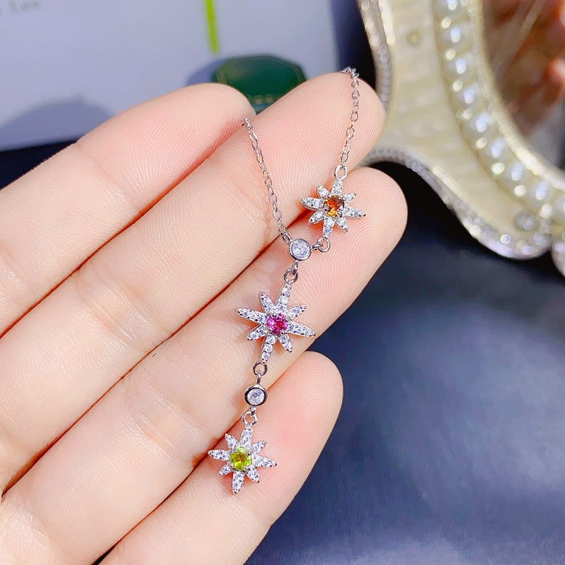 S925 Natural Color Tourmaline Sun Design Pendant Necklace