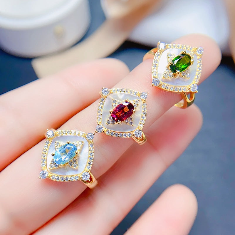 S925 Natural Tourmaline Topaz Magnesium Aluminum Garnet Ring
