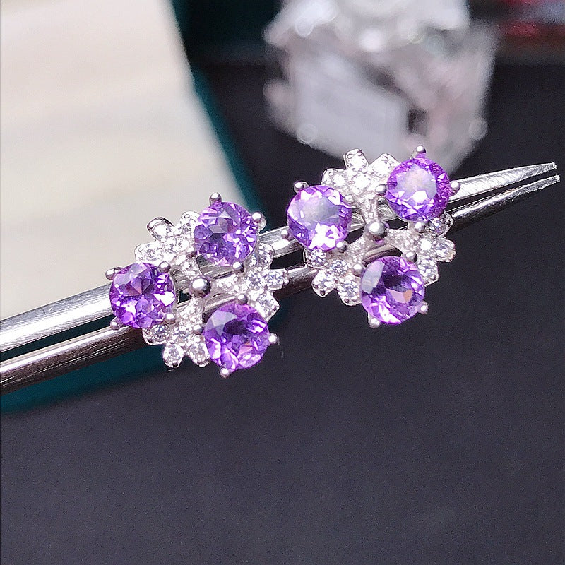 S925 Simple Earrings 925 Sterling Silver with Amethyst Earrings