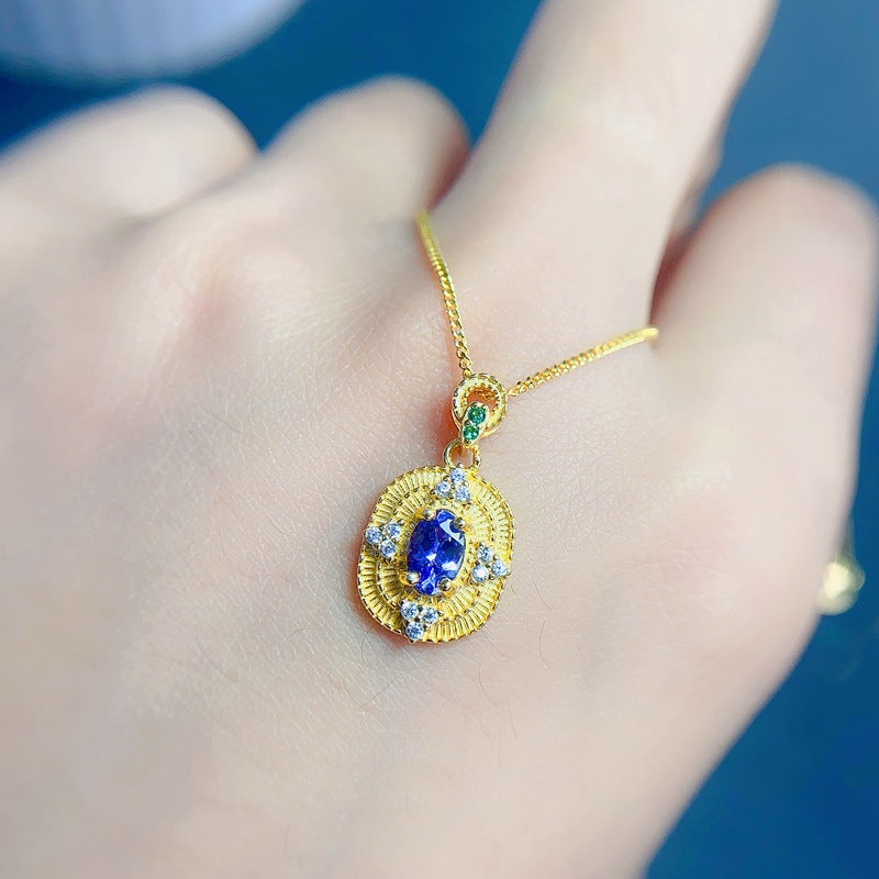 S925 Simple Oval Natural Tourmaline Pendant