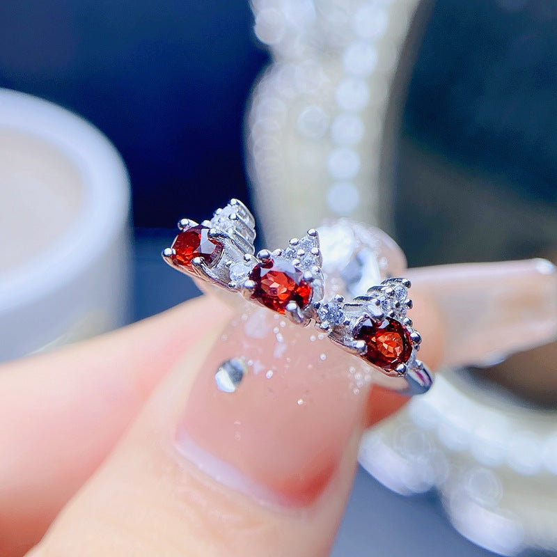 Simple 925 Silver with Natural 3*4mm Garnet Women's Ring