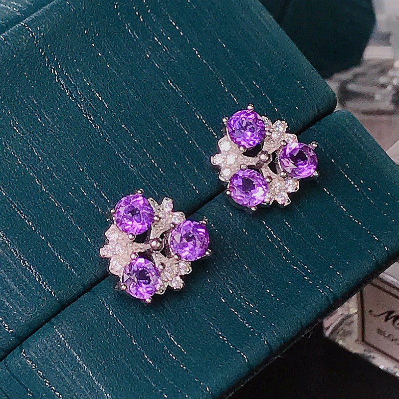 S925 Simple Earrings 925 Sterling Silver with Amethyst Earrings