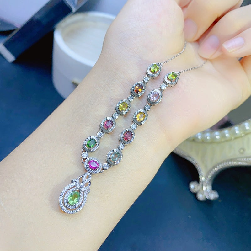 S925 natural tourmaline collarbone necklace candy color tourmaline