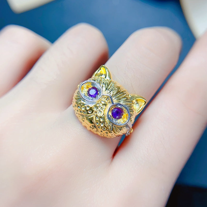 S925 Cat Natural Amethyst Ring