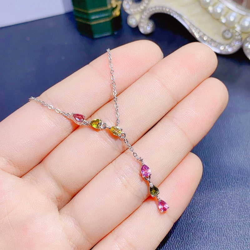 S925 Fashion new colorful natural water drop tourmaline pendant necklace
