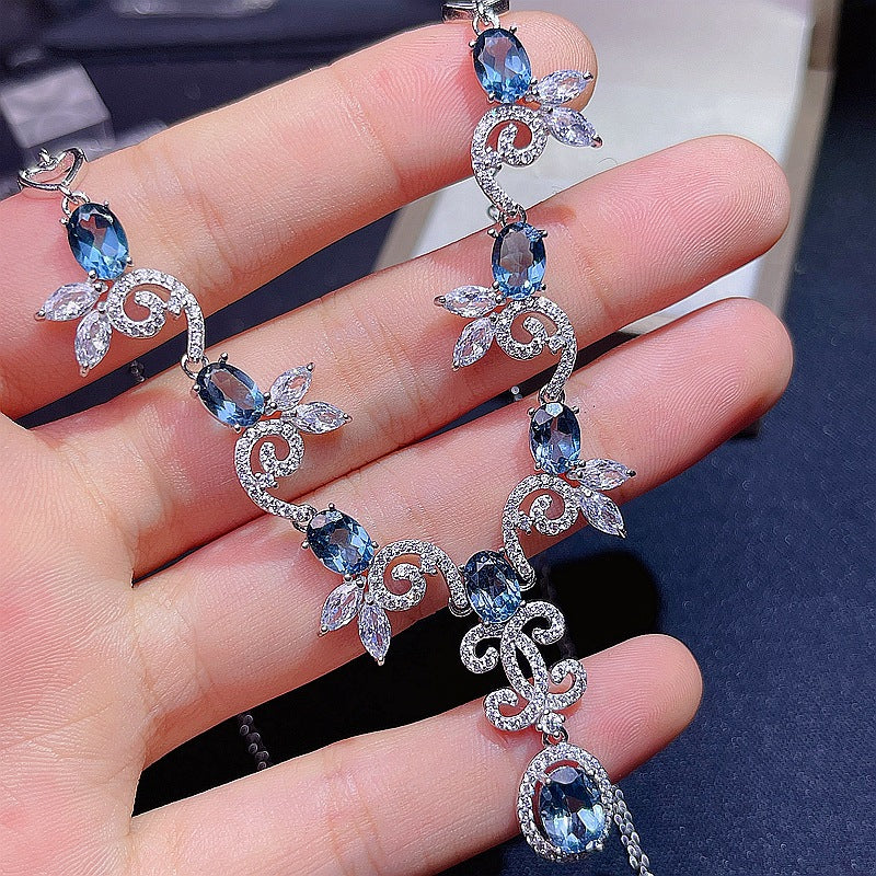 S925 Natural London Blue Topaz Chain Row Necklace