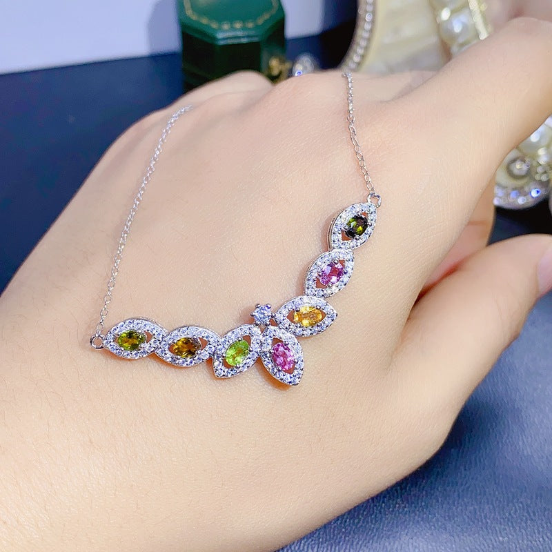S925 Colorful Natural Tourmaline Pendant Necklace