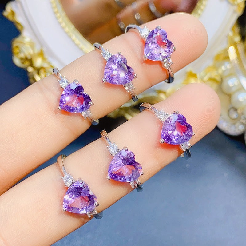 Simple Natural Heart Amethyst Women's Ring