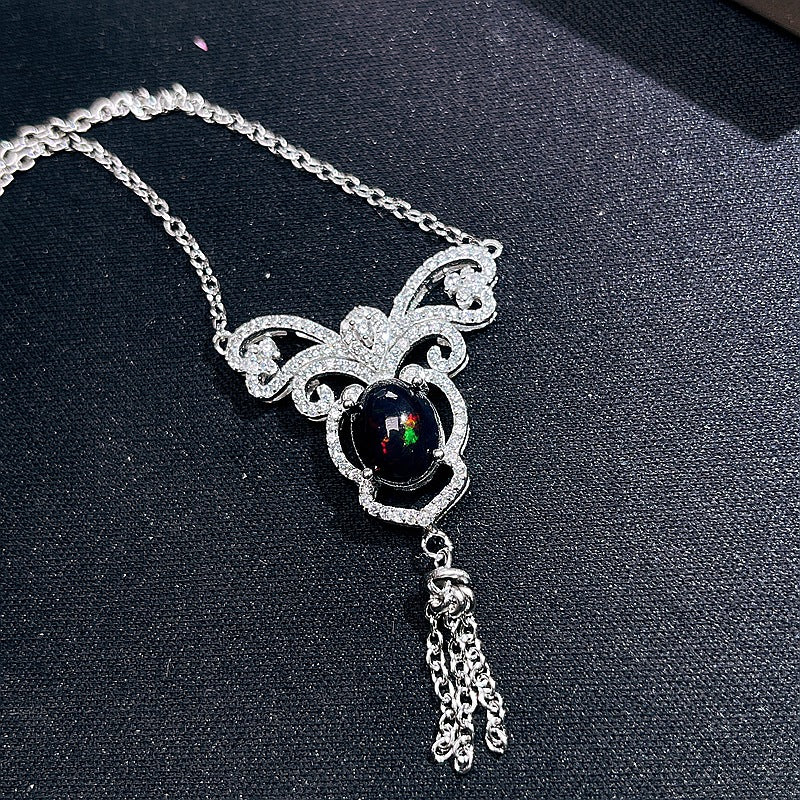 Natural Black Opal Chain Row 925 Silver with Dazzling Fire Color Black Opal Collarbone Chain