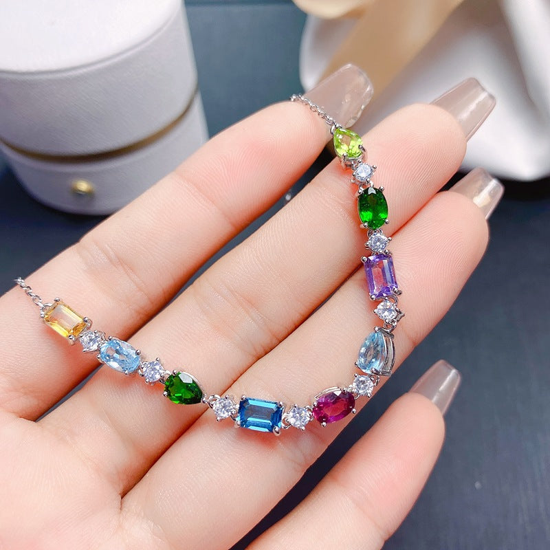 S925 Natural Amethyst Swiss Blue Tourmaline Peridot Bracelet