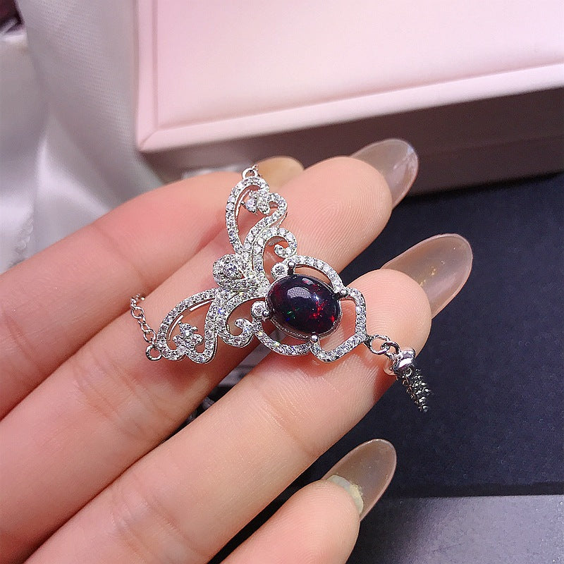 Natural Black Opal Chain Row 925 Silver with Dazzling Fire Color Black Opal Collarbone Chain
