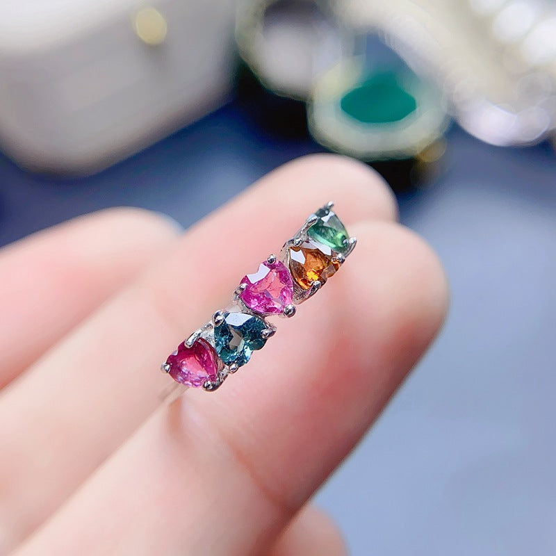S925 Heart Shaped Candy Color Natural Tourmaline Row Ring