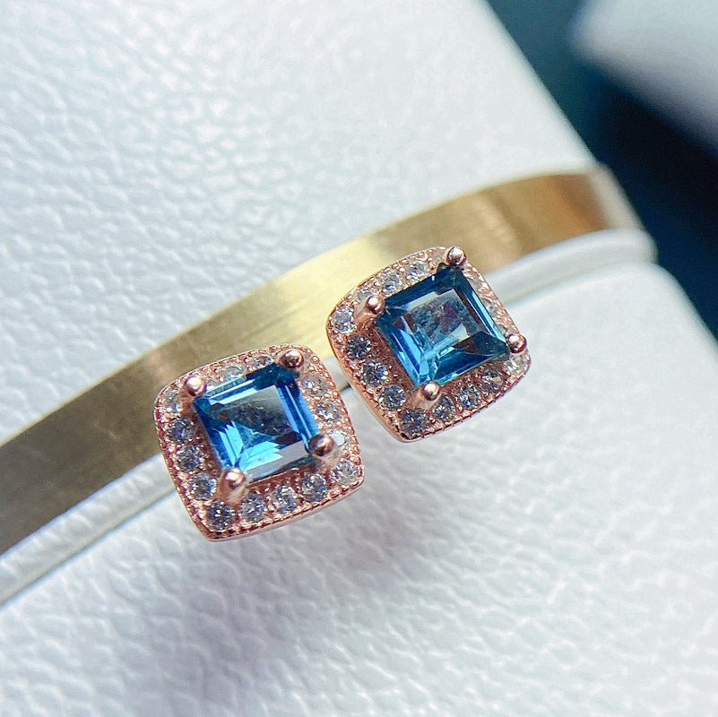 S925 Princess Square London Blue Topaz Earrings