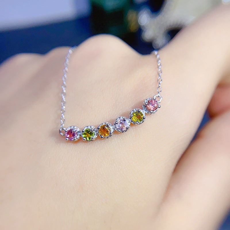 S925 Natural Color Tourmaline Pendant Oval Necklace