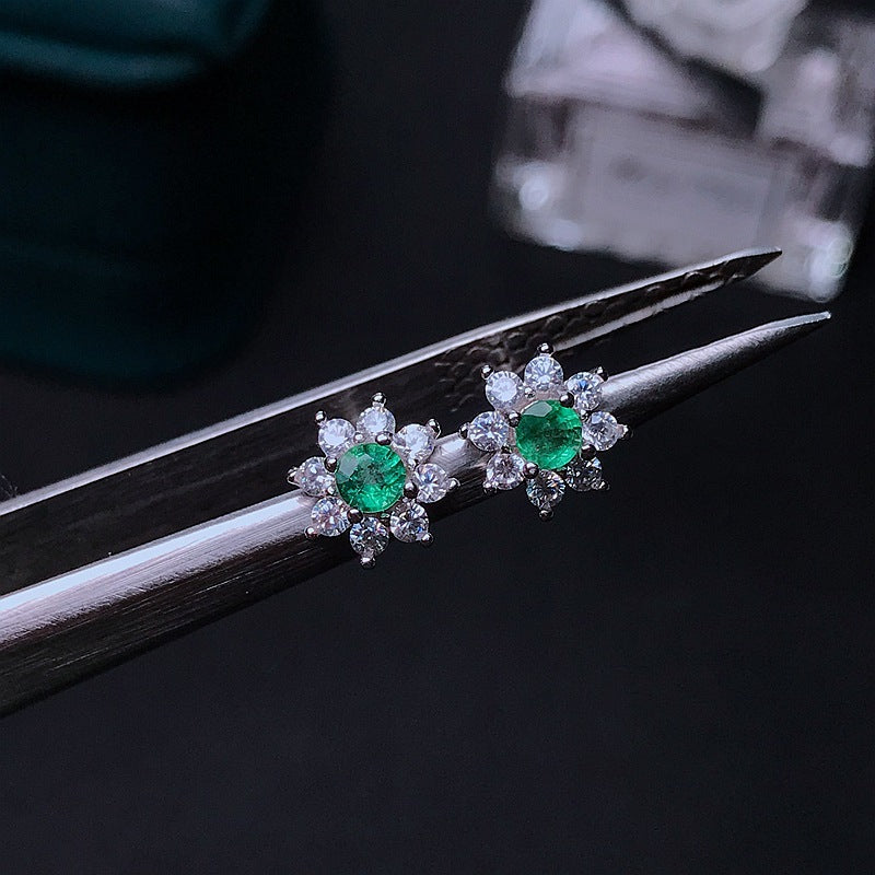 S925 Natural Emerald Stud Earrings with Diamonds