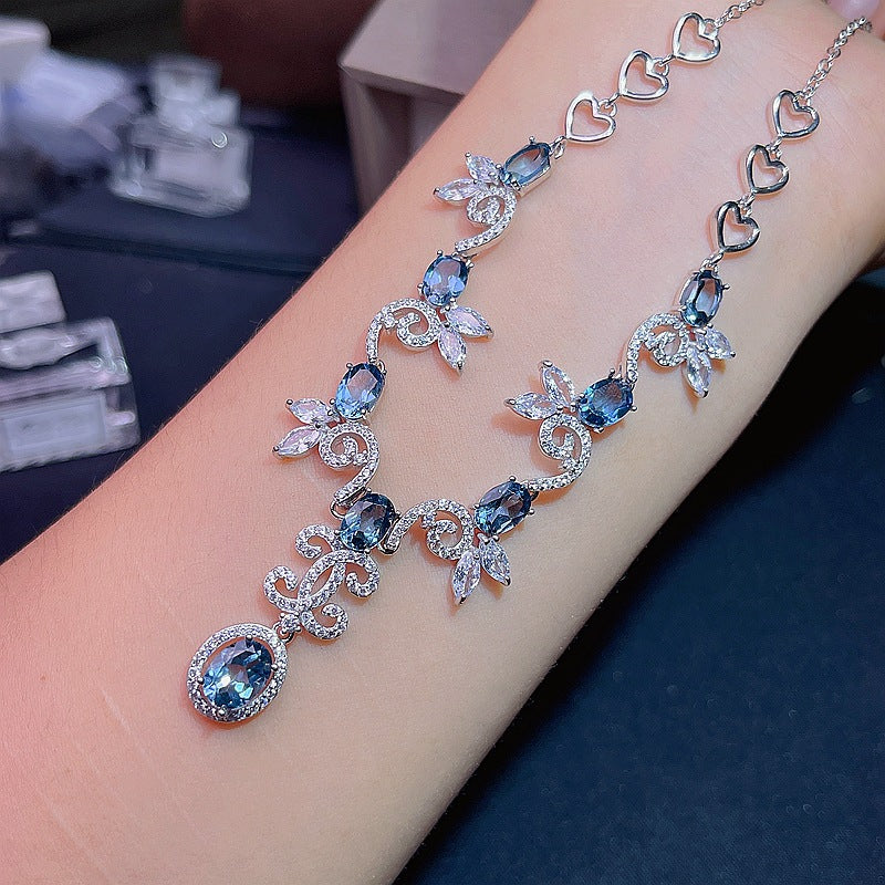 S925 Natural London Blue Topaz Chain Row Necklace