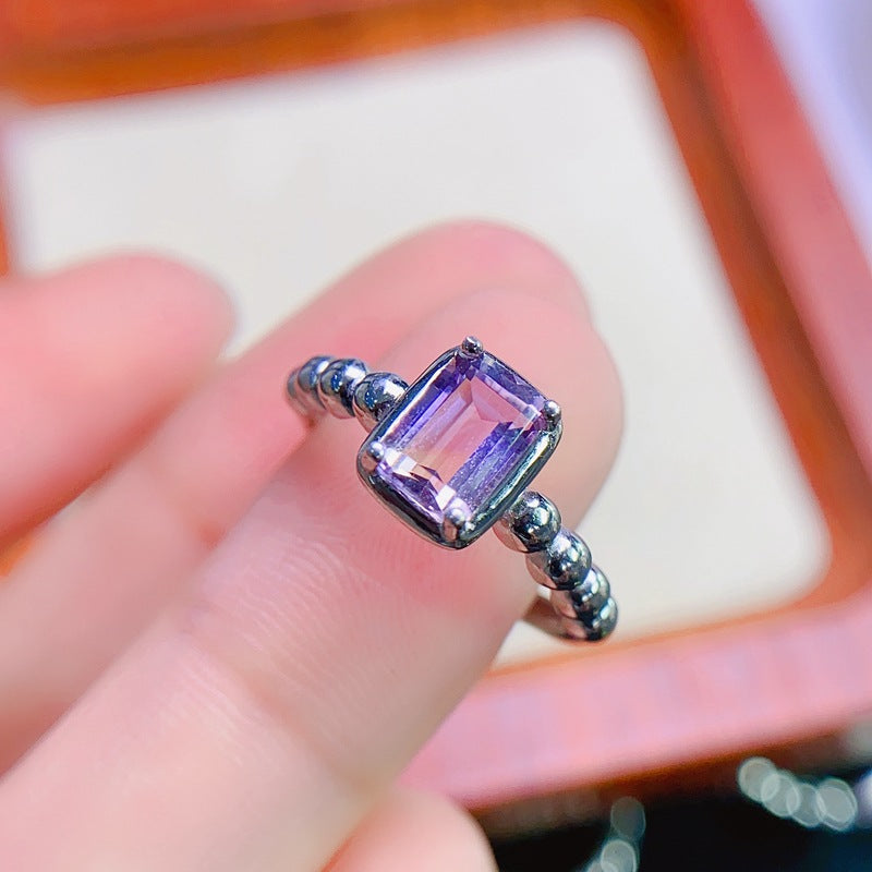 S925 Silver Small Octagonal 5*7mm Amethyst Ring
