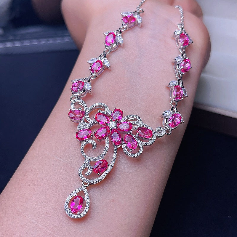 S925 Natural Pink Topaz Chain Row Necklace
