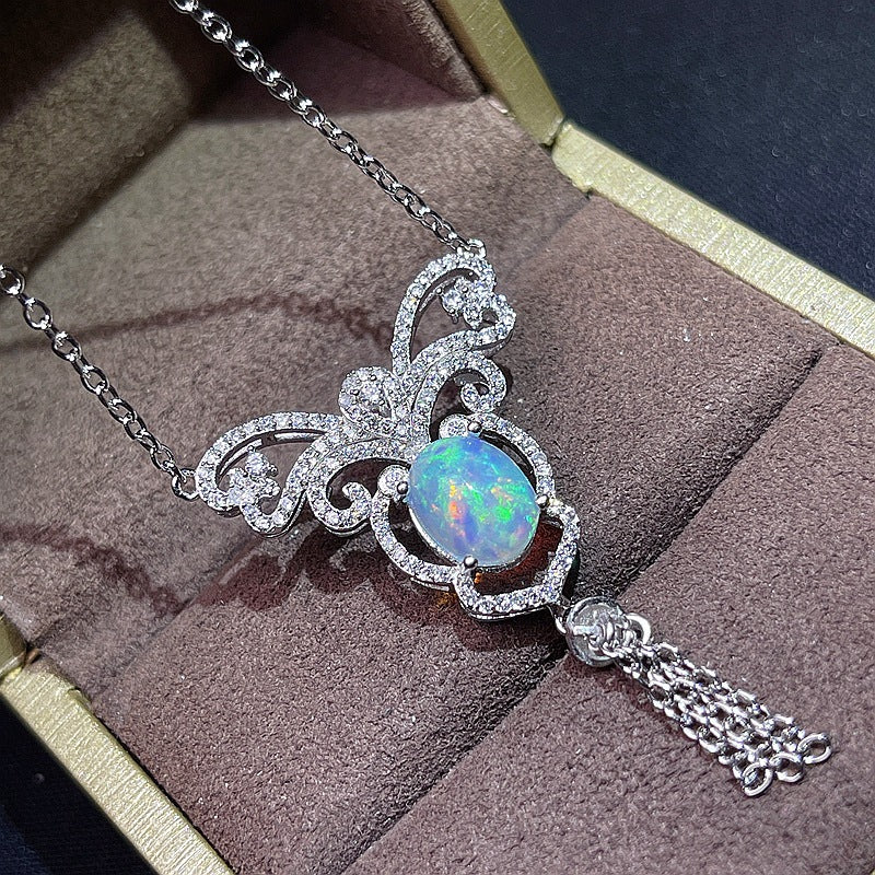 S925 natural opal chain row fire opal collarbone chain