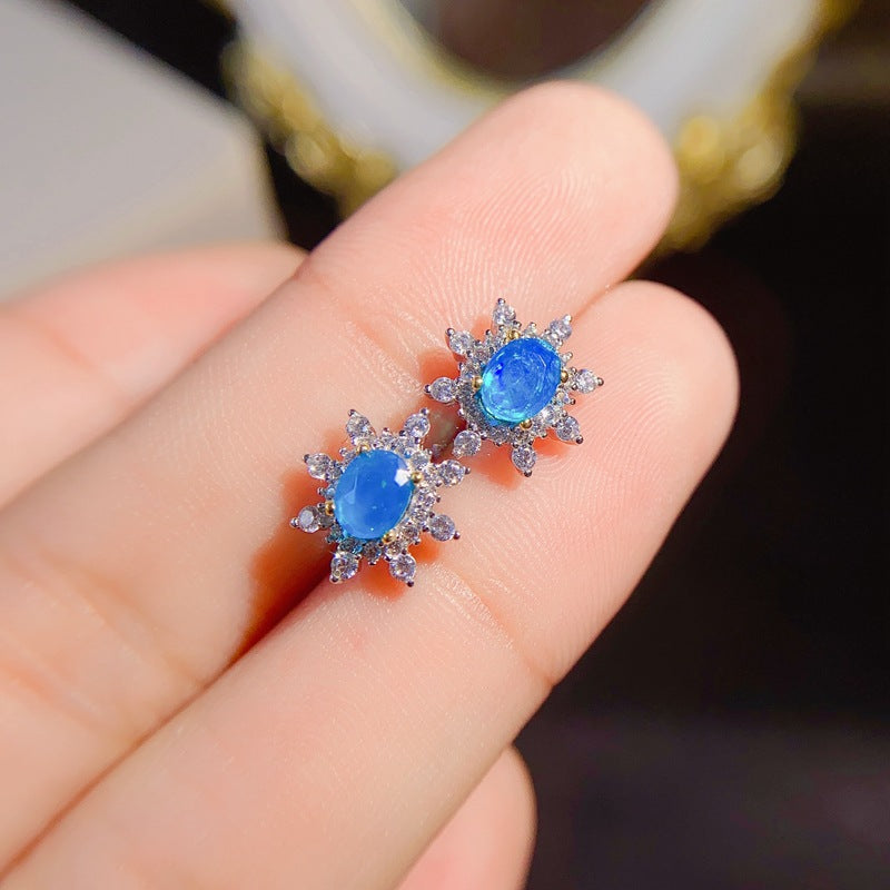 S925 Natural Colorful Blue Opal Earrings