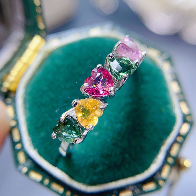 S925 Heart Shaped Candy Color Natural Tourmaline Row Ring