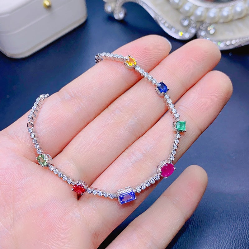 S925 Natural Emerald Sapphire Ruby Tanzanite Bracelet
