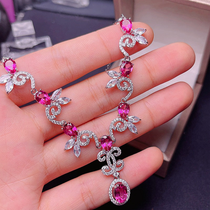 S925 Natural Pink Topaz Chain Row Necklace