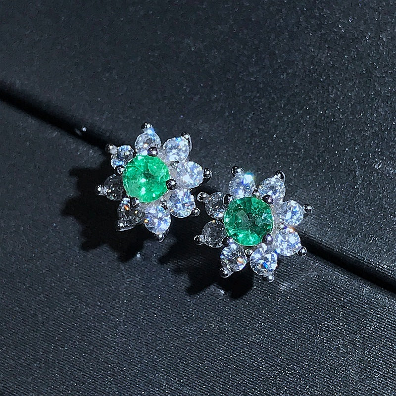 S925 Natural Emerald Stud Earrings with Diamonds