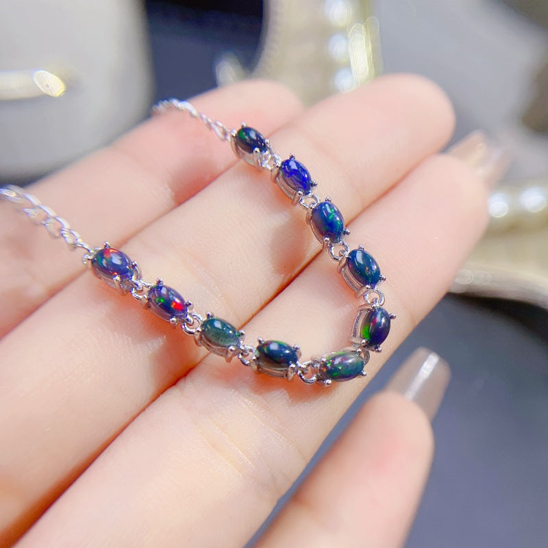 Women's Bracelet Simple 925 Silver with Natural Black Opal