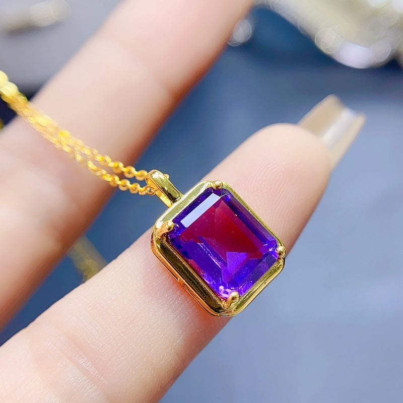 S925 Natural Amethyst Pendant Small Octagonal 8*10mm Ladies Pendant