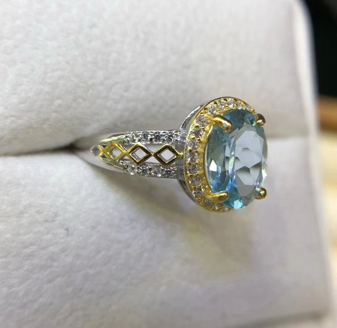 S925 Natural Blue Topaz Simple Ladies Silver Ring