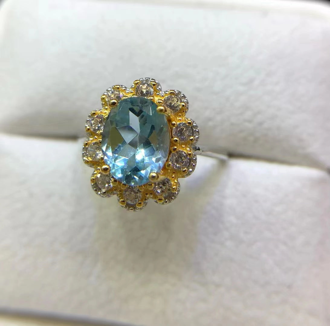 S925 Natural Blue Topaz Simple Ladies Silver Ring