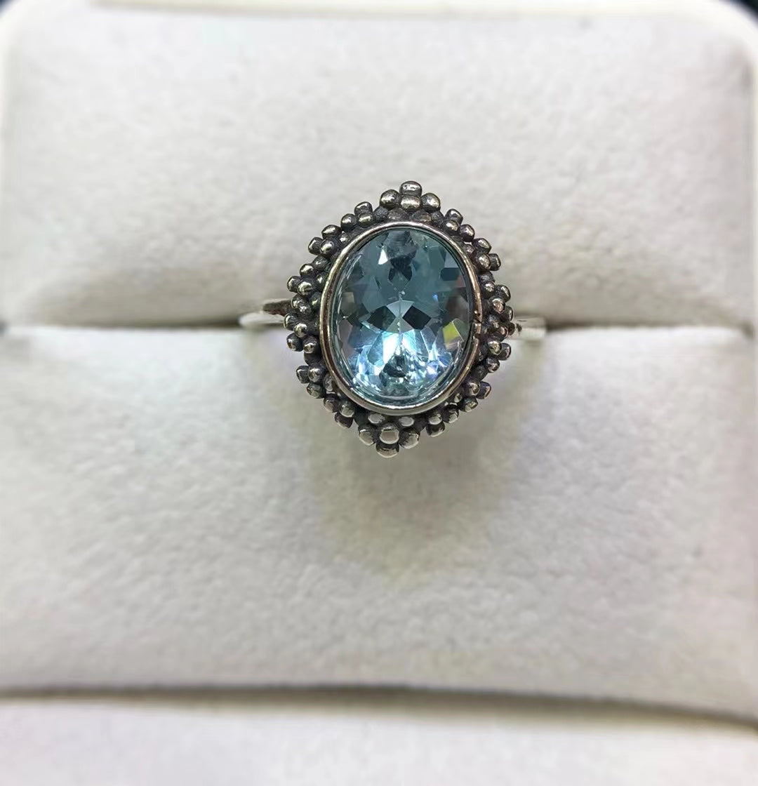 S925 Natural Blue Topaz Simple Vintage Ladies Silver Ring