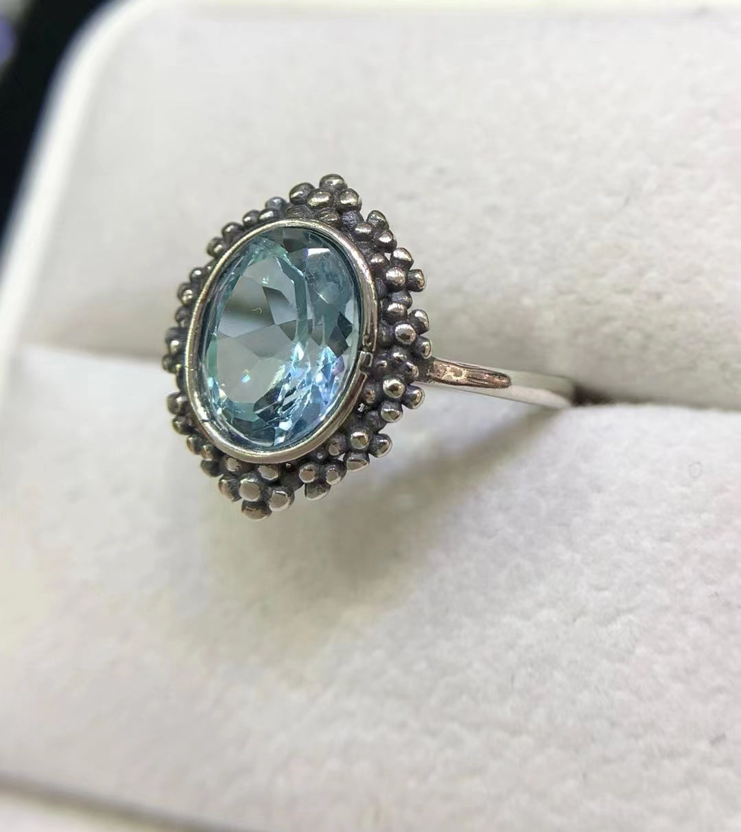 S925 Natural Blue Topaz Simple Vintage Ladies Silver Ring