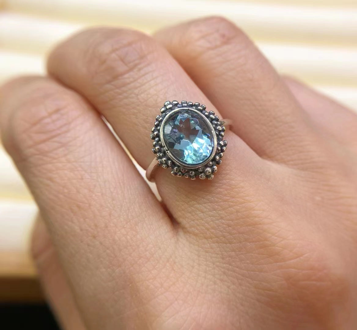 S925 Natural Blue Topaz Simple Vintage Ladies Silver Ring