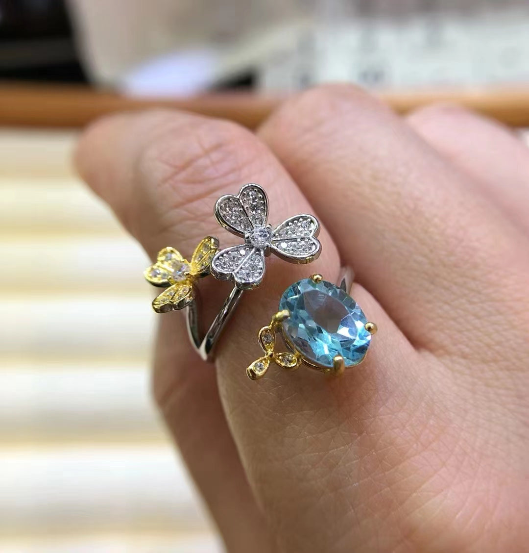 S925 Natural Blue Topaz Ladies Flourishing Silver Ring