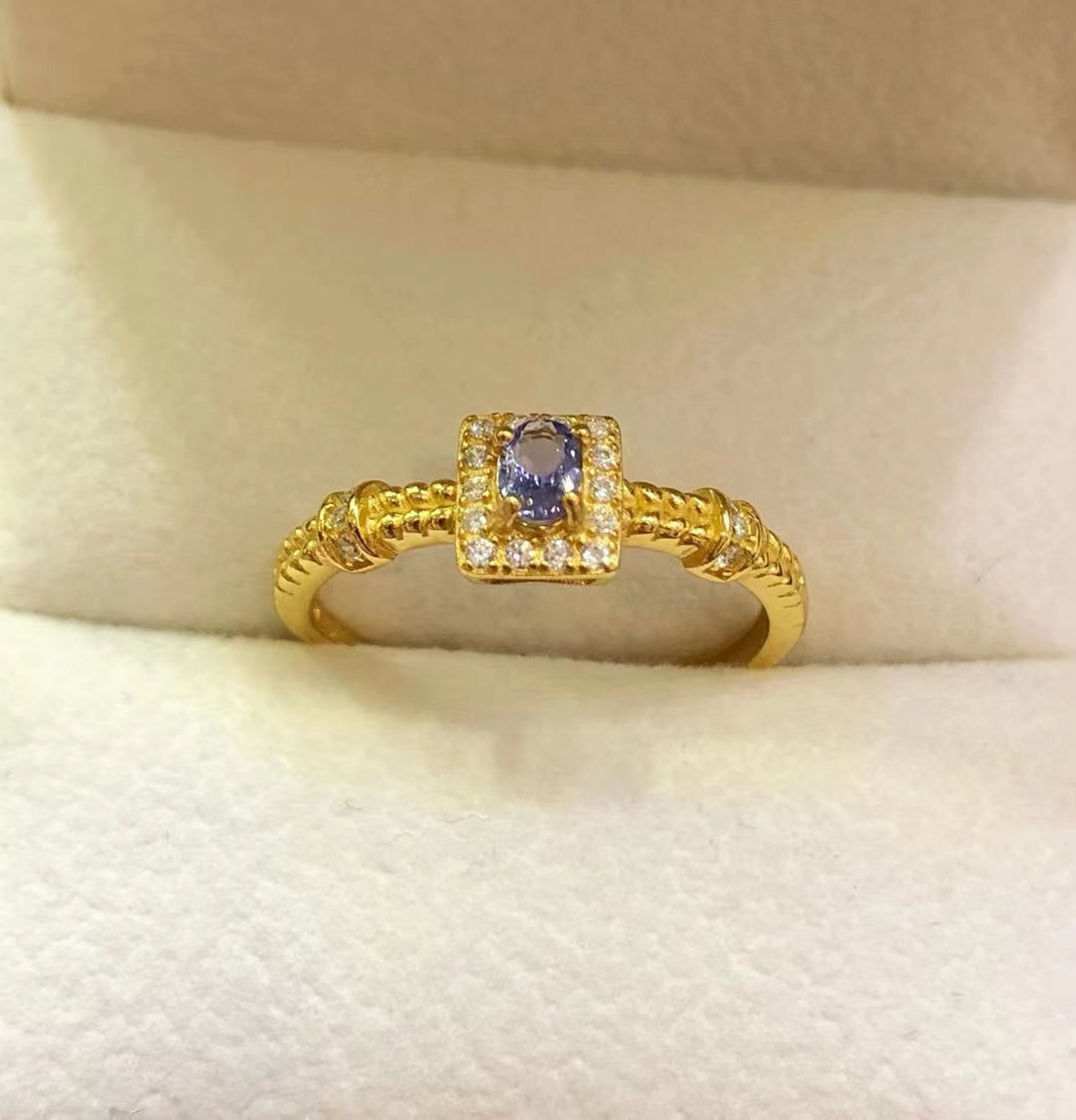 S925 Natural Tanzanite Sterling Silver Gold Plated Ladies Ring