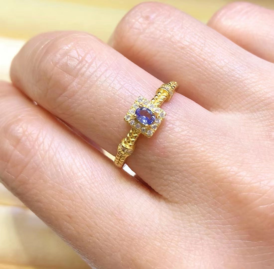 S925 Natural Tanzanite Sterling Silver Gold Plated Ladies Ring