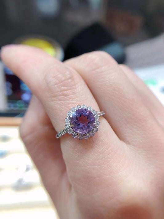 S925 Natural Brazilian Amethyst Sunflower Ladies Ring