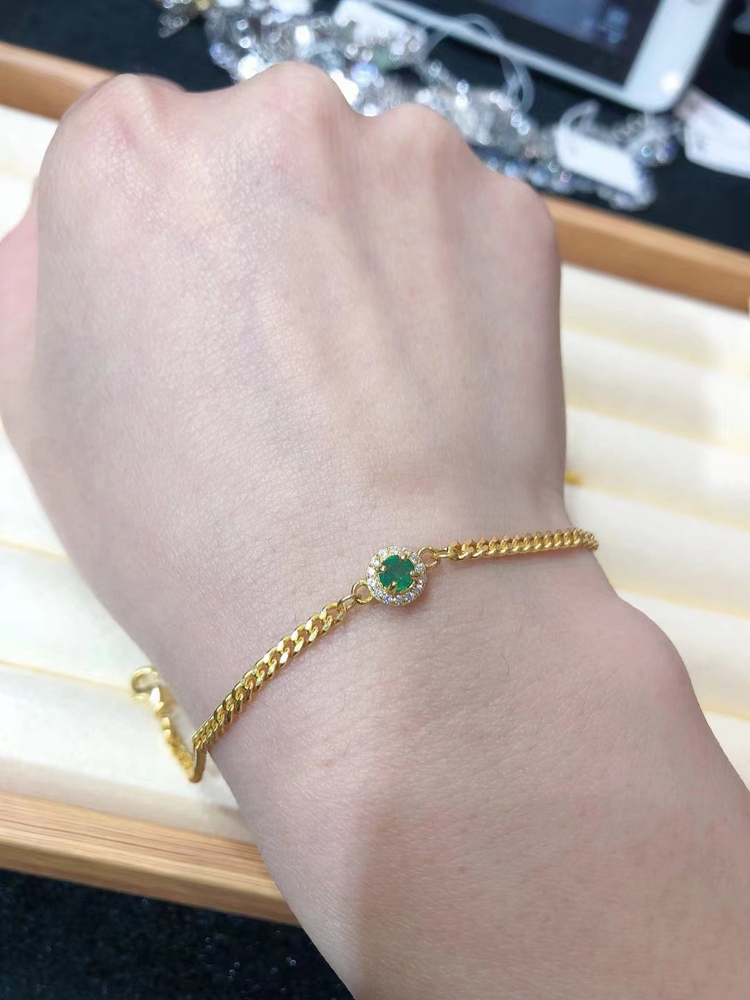 S925 Silver & Gold Plated Natural Emerald Bracelet