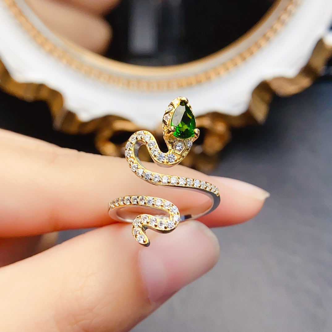 Natural Diopside Ring, S925 Silver Serpent Design, Elegant & Vibrant Color, Center Stone 4×6mm
