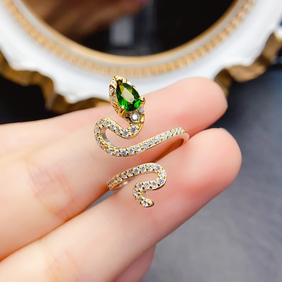 Natural Diopside Ring, S925 Silver Serpent Design, Elegant & Vibrant Color, Center Stone 4×6mm