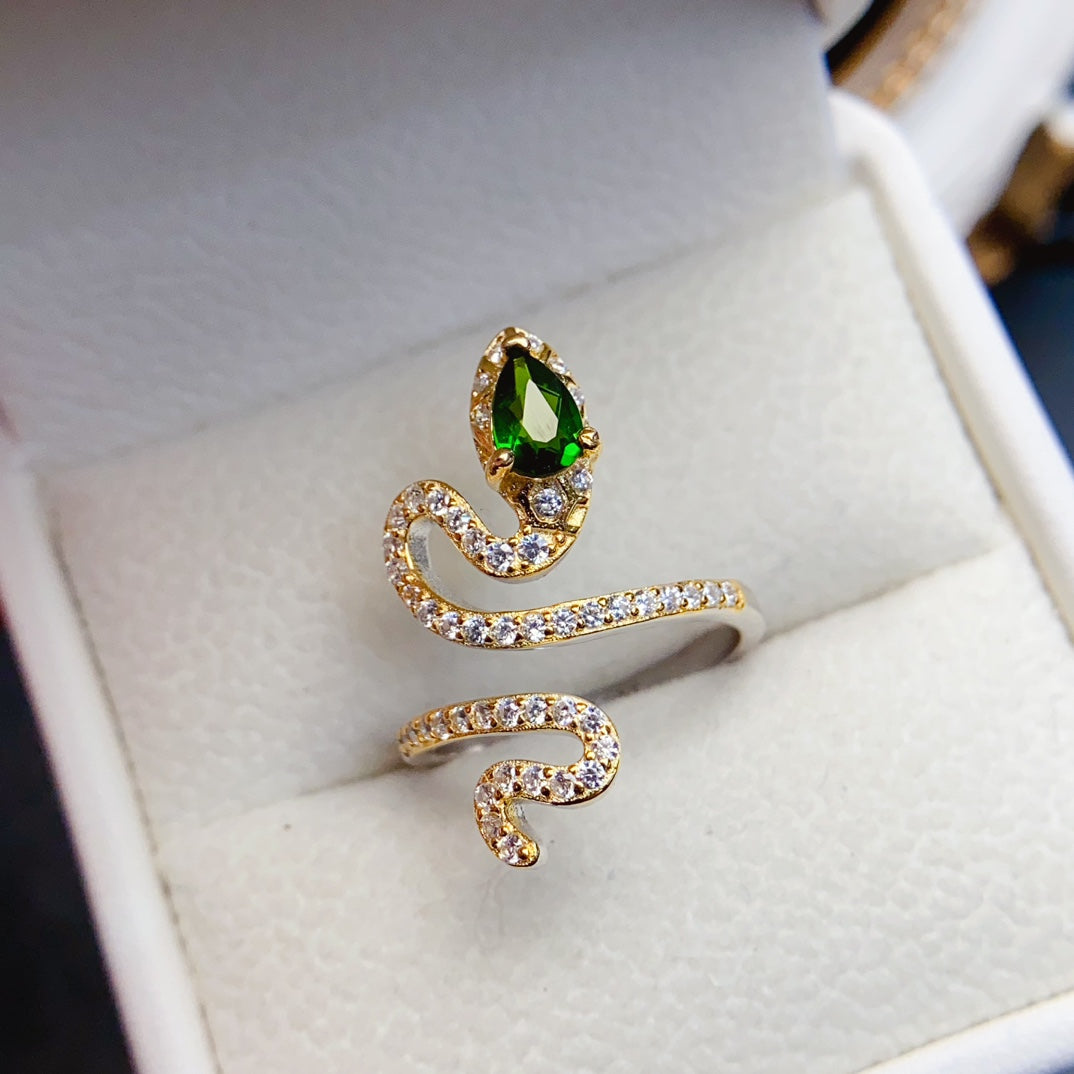 Natural Diopside Ring, S925 Silver Serpent Design, Elegant & Vibrant Color, Center Stone 4×6mm