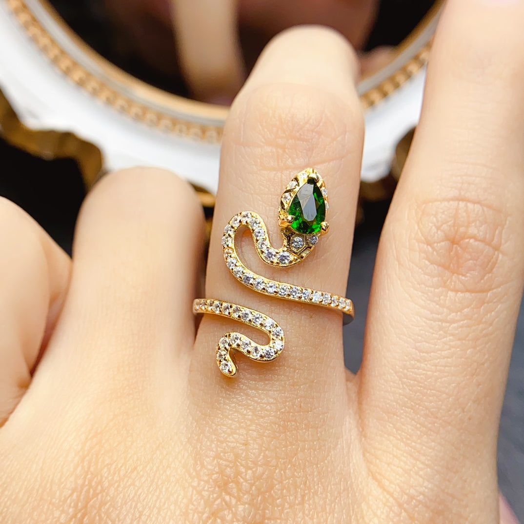 Natural Diopside Ring, S925 Silver Serpent Design, Elegant & Vibrant Color, Center Stone 4×6mm