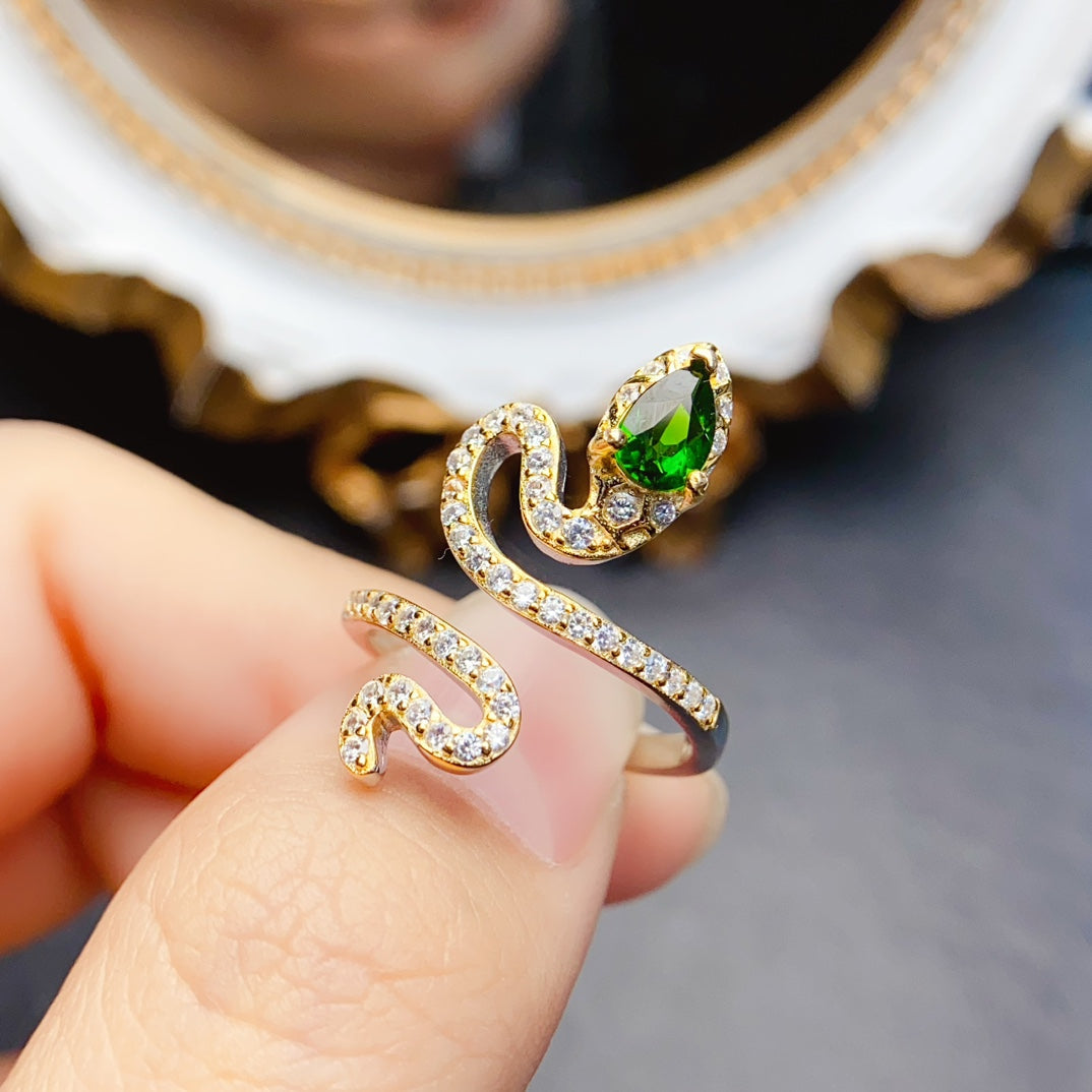 Natural Diopside Ring, S925 Silver Serpent Design, Elegant & Vibrant Color, Center Stone 4×6mm