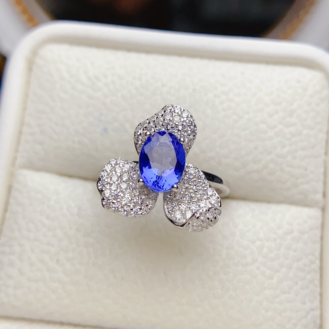 Natural Tanzanite Ring, Floral Design, High Clarity & Vivid Color, Exquisite 925 Silver Setting, Center Stone 6×8mm – From Desk to Dinner