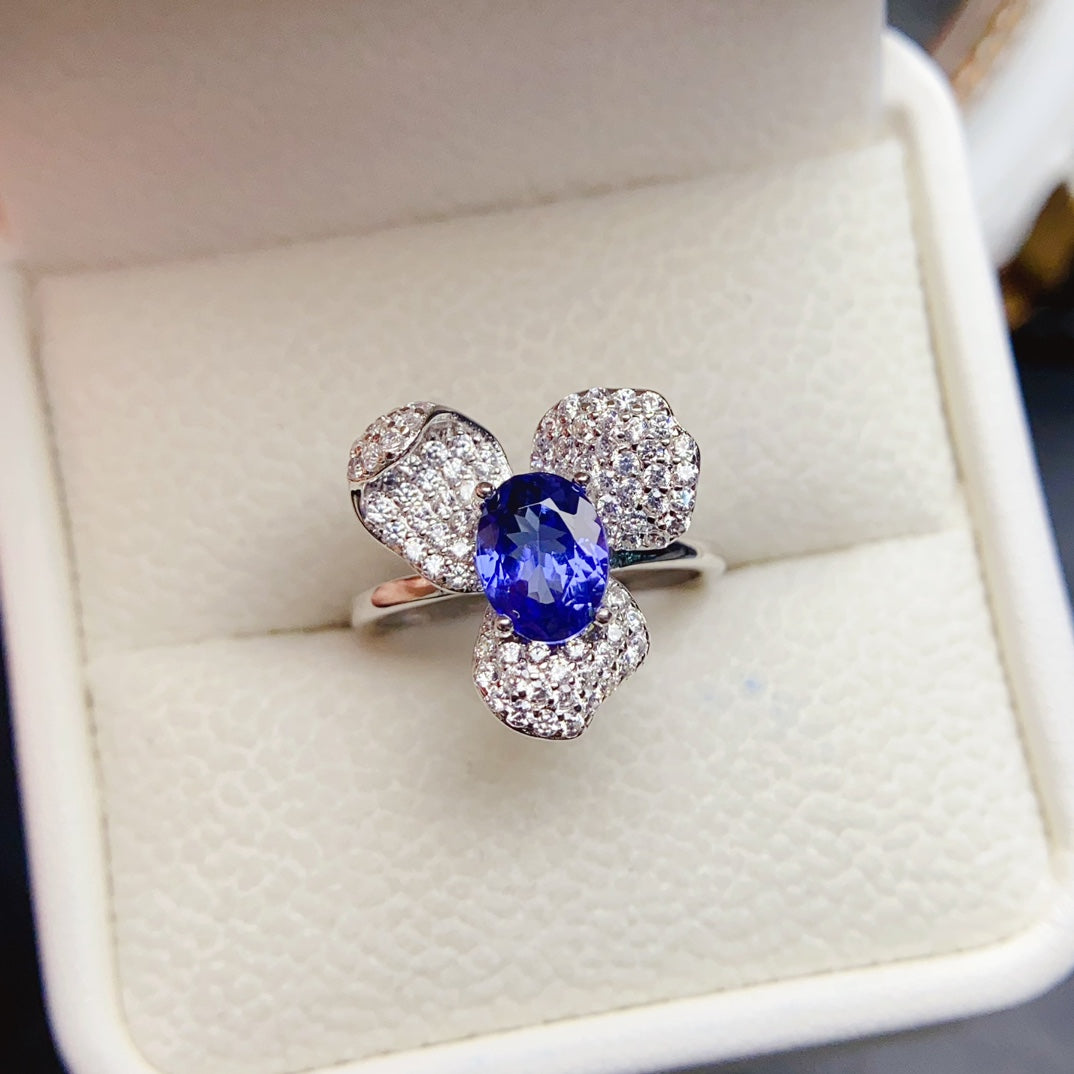 Natural Tanzanite Ring, Floral Design, High Clarity & Vivid Color, Exquisite 925 Silver Setting, Center Stone 6×8mm – From Desk to Dinner
