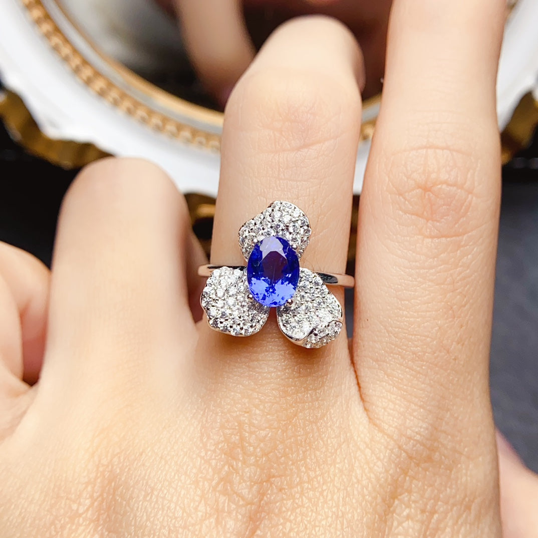 Natural Tanzanite Ring, Floral Design, High Clarity & Vivid Color, Exquisite 925 Silver Setting, Center Stone 6×8mm – From Desk to Dinner