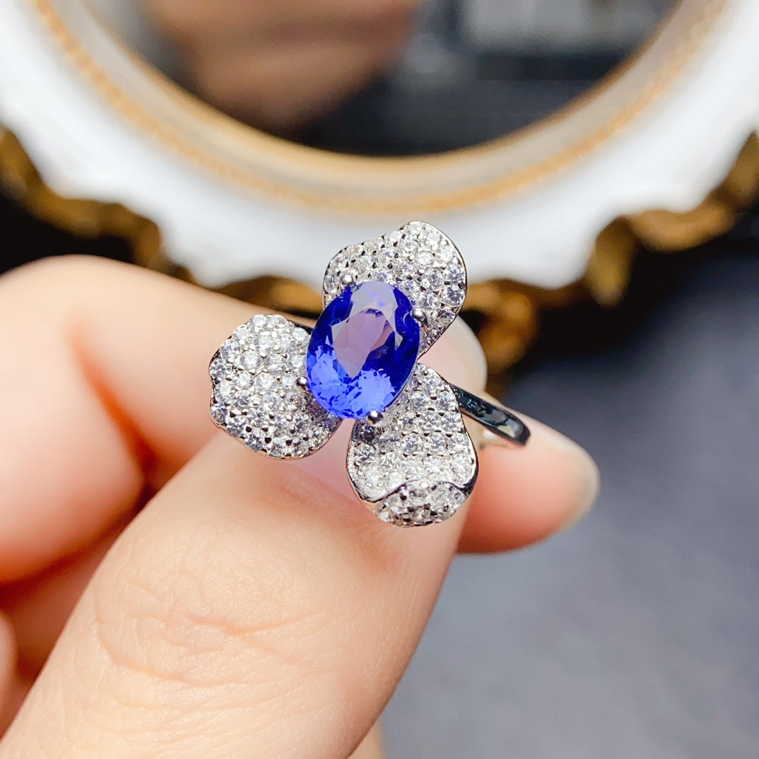Natural Tanzanite Ring, Floral Design, High Clarity & Vivid Color, Exquisite 925 Silver Setting, Center Stone 6×8mm – From Desk to Dinner
