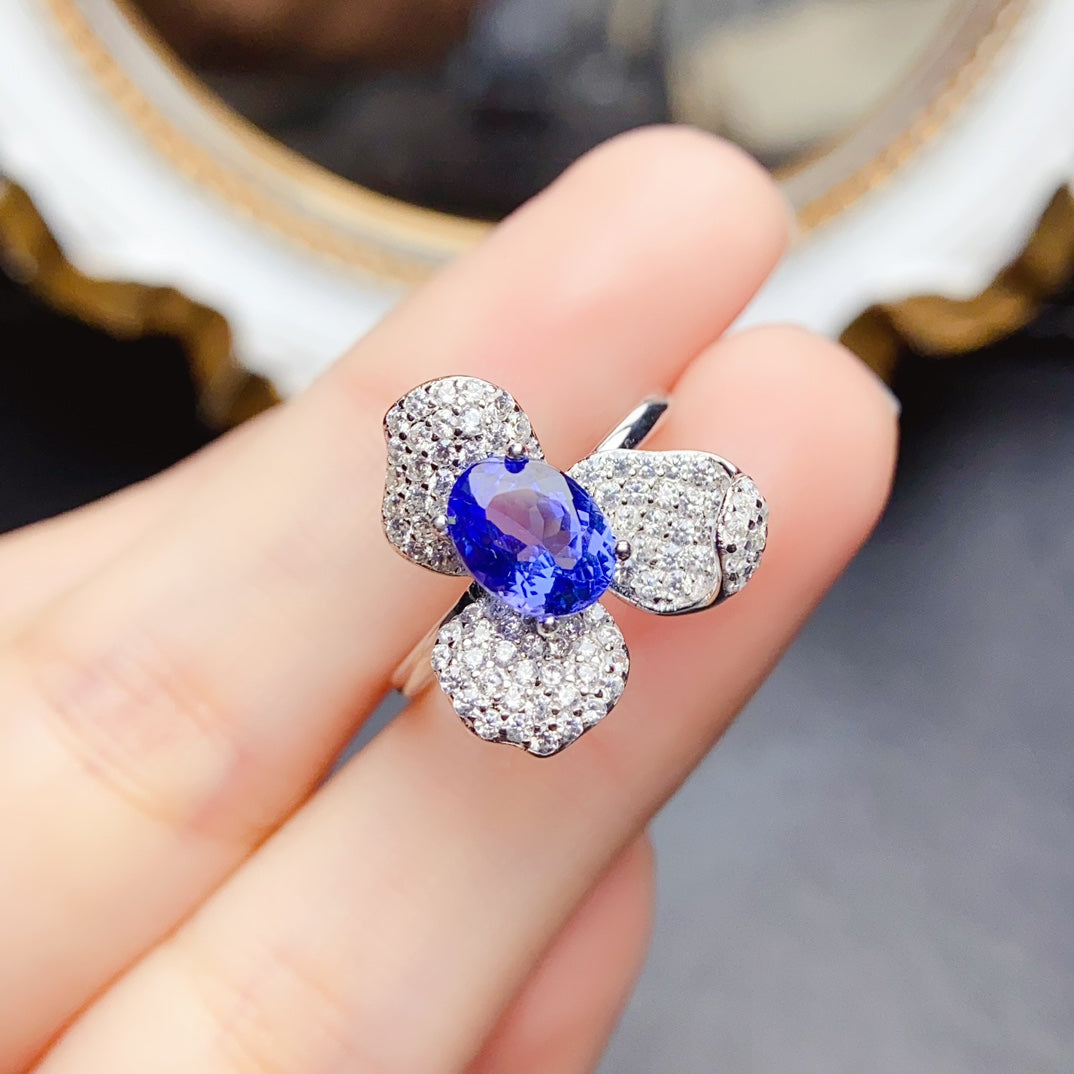 Natural Tanzanite Ring, Floral Design, High Clarity & Vivid Color, Exquisite 925 Silver Setting, Center Stone 6×8mm – From Desk to Dinner